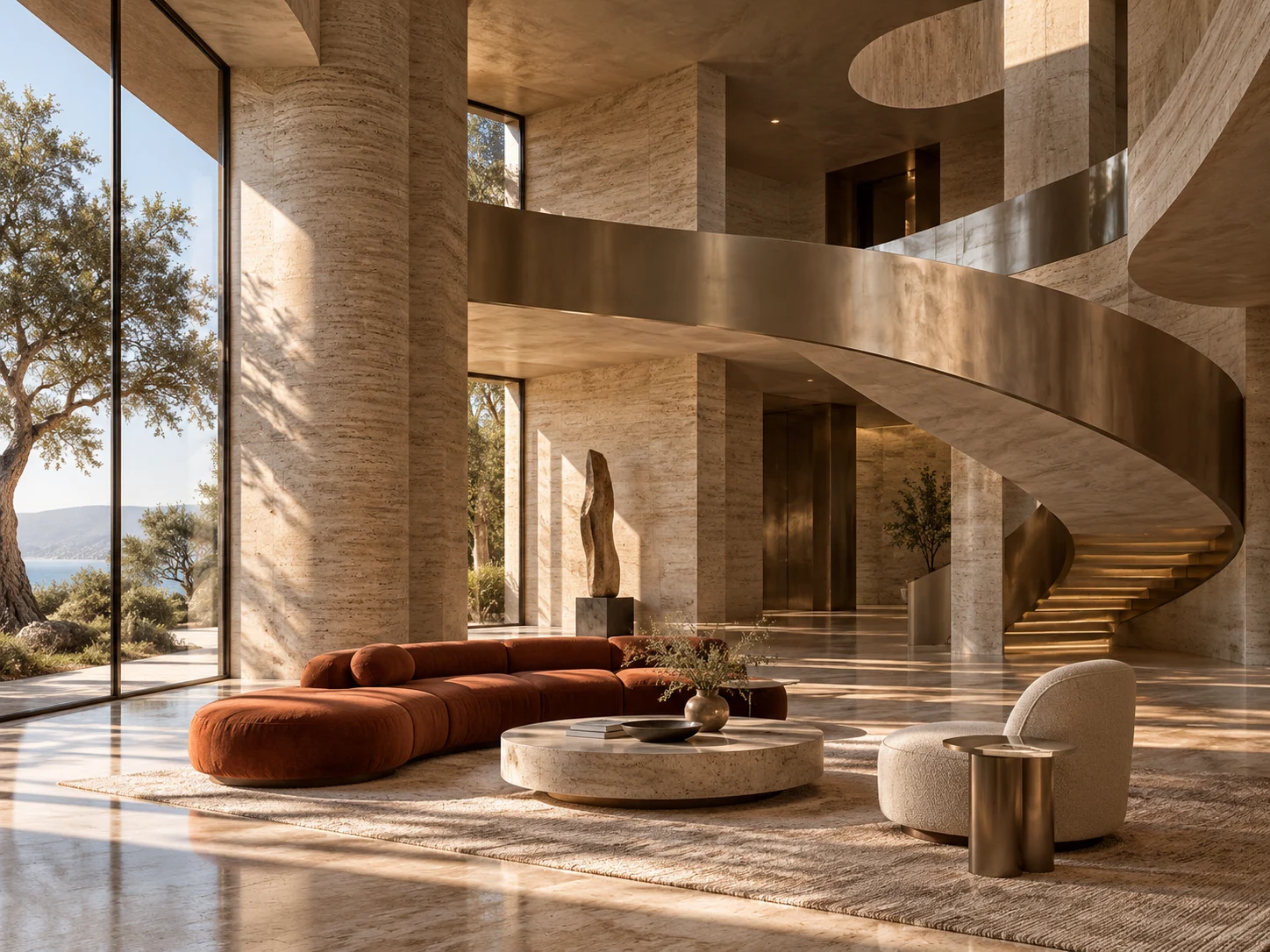 Concept visualization of a sculptural gallery interior with travertine, curved forms, and natural light