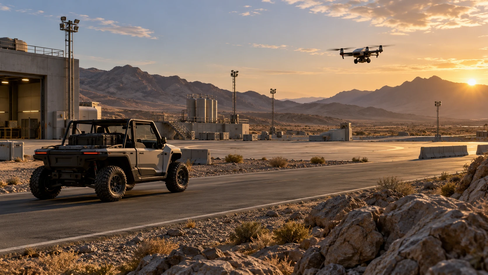 Concept render of a civilian vehicle and quadcopter in a desert equipment training facility