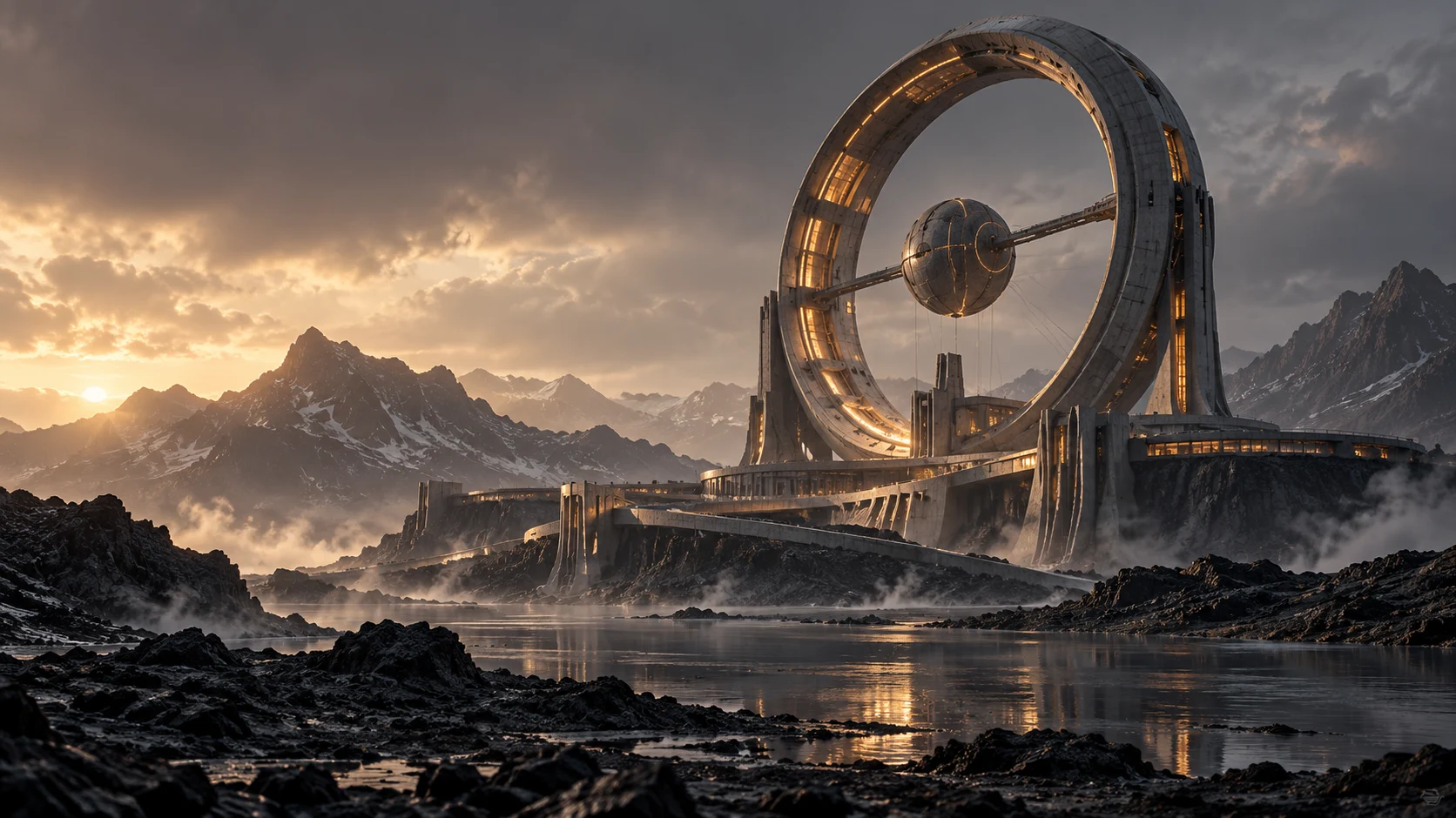 Futuristic circular observatory set in a dramatic volcanic landscape, an AI concept environment